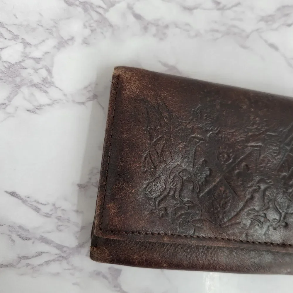 Faded Glory Vintage Brown Leather Wallet with Crest Dueling Dragons Embossed